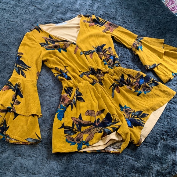 mustard floral long sleeve shorts romper - Picture 2 of 5